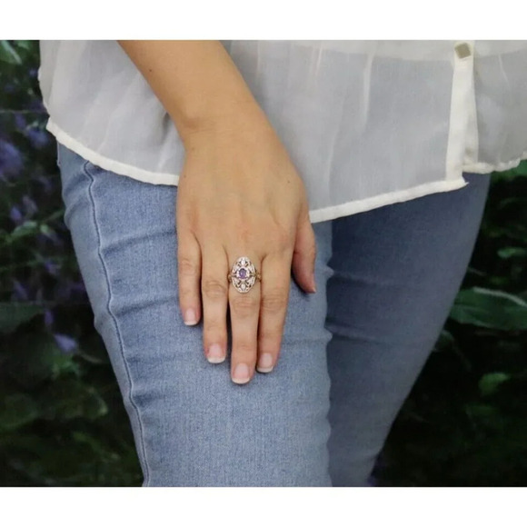 10k Yellow Gold and White Gold Natural Amethyst Ring Filigree Flower Size 7 - Picture 3 of 8